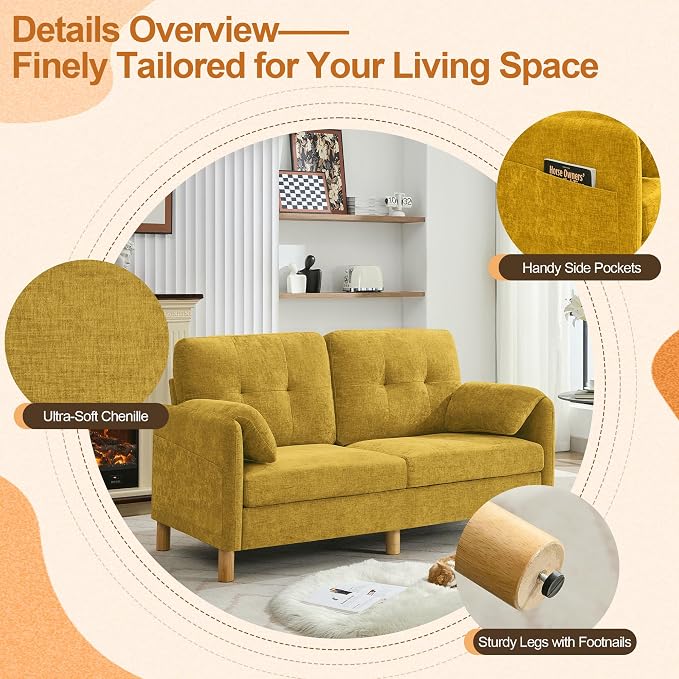 WUTUTUEE 65" Chenille Loveseat Sofa, Modern 2-Seater Love Seat Couch with Armrest Pillows, Storage Pockets, Easy Assembly, Upholstered Tufted Loveseat Couches for Living Room Bedroom, Yellow