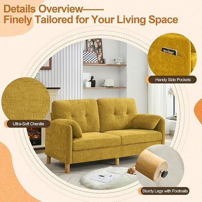 WUTUTUEE 65" Chenille Loveseat Sofa, Modern 2-Seater Love Seat Couch with Armrest Pillows, Storage Pockets, Easy Assembly, Upholstered Tufted Loveseat Couches for Living Room Bedroom, Yellow