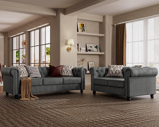 Morden Fort 2 Piece Classic Chesterfield 5-Seater Set, Tufted Loveseat & Sofa Furniture Solid Wood Legs Thick Cushion, Pet-Friendly Couch Set for Living Room Bedroom Apartment, Linen Grey