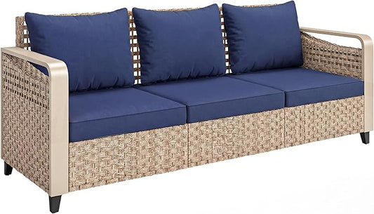 Outsunny Outdoor Patio Couch with Wide and Deep Seat, 3 Seater Wicker Outdoor Sofa with Wide Metal Armrests, Patio Furniture Couch with Cushions for Porch, Garden, Backyard, Dark Blue | Removable Covers