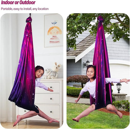 Sensory Swing for Kids & Adults Holds up to 300lbs Indoor & Outdoor Double Layer Therapy Cuddle Swing with 360° Swivel Hanger Kit for Calming, Effect for Autism, ADHD or SPD. (Galaxy Purple)