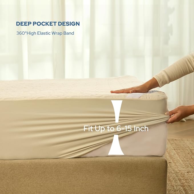 BEDLORE Waterproof Mattress Protector, Queen Size Noiseless Mattress Pad with Deep Pocket 6"-18" Depth, Soft Breathable Bed Mattress Cover Washable for Home, Bedroom, Hotel (Beige)
