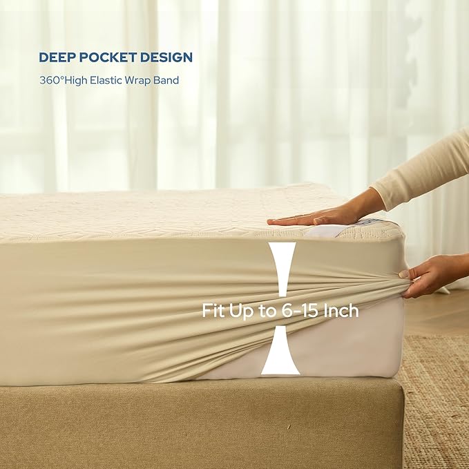 BEDLORE Waterproof Mattress Protector, California King Size Noiseless Mattress Pad with Deep Pocket 6"-18" Depth, Soft Breathable Bed Mattress Cover Washable for Home, Bedroom, Hotel (Beige)