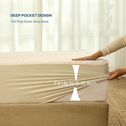 BEDLORE Waterproof Mattress Protector, King Size Noiseless Mattress Pad with Deep Pocket 6"-18" Depth, Soft Breathable Bed Mattress Cover Washable for Home, Bedroom, Hotel (Beige)