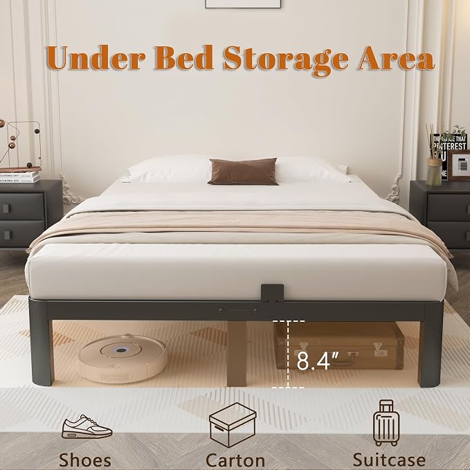 10 Inch Queen Bed Frame, Black Bed Frame Queen Size with Metal Baffles, No Box Spring Needed, Heavy Duty Steel Platform Support, Rounded Corner Design, Reserved Holes, Storage Space, Noise Free