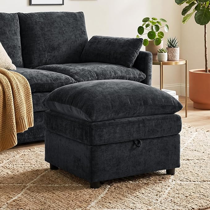 Iroomy 25" Chenille Ottoman, 9.5" Thick Cushion, Upholstered Footrest Modern Footstool & Bench for Living Room, Bedroom, Dark Gray