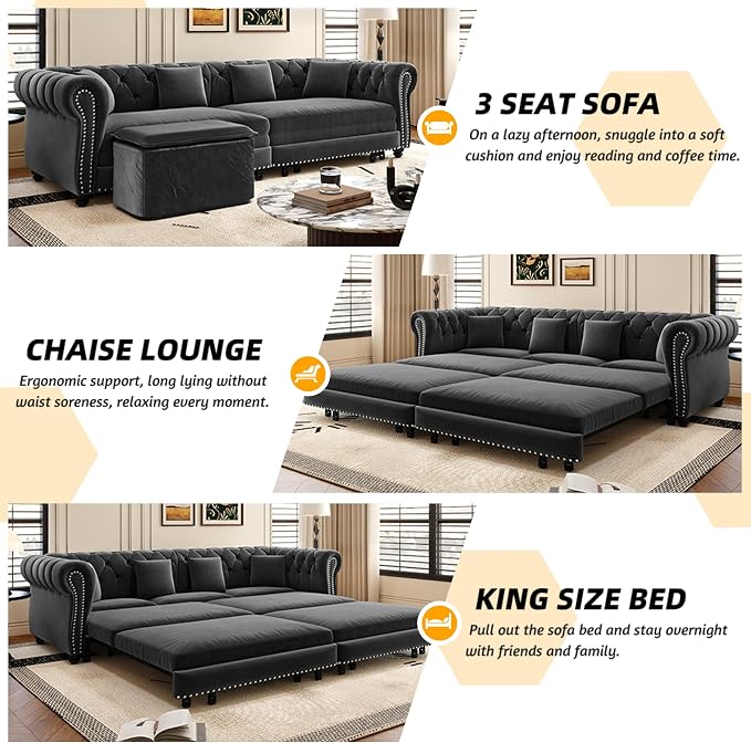 89'' Pull Out Sofa Bed King, Chesterfield Velvet Sleeper Sofa, Convertible L-Shaped Futon Couch, Tufted Back, 4 Pillows, Ottoman, Deep Seat Loveseat Couches for Living Room, Apartment, Gray
