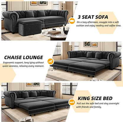 89'' Pull Out Sofa Bed King, Chesterfield Velvet Sleeper Sofa, Convertible L-Shaped Futon Couch, Tufted Back, 4 Pillows, Ottoman, Deep Seat Loveseat Couches for Living Room, Apartment, Gray