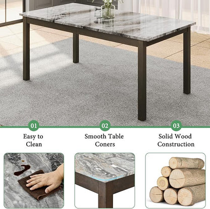 AMERLIFE 7-Piece Dining Table Set, 71" Faux Marble Modern Table with 6 PU Leather Upholstered Chairs, Heavy-Duty Solid Wood Set for Kitchen & Dining Room, Dark Brown