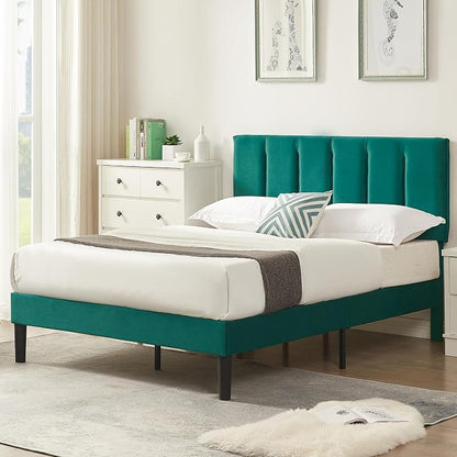 VECELO Full Size Bed Frame with Upholstered Headboard, Heavy-Duty Bedframe with Wooden Slats & Steel Framework, Easy Assembly, Dark Green