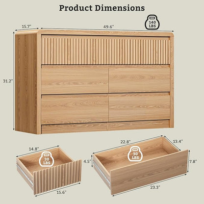 LYNSOM 7 Drawer Dresser for Bedroom, 50" Wide Fluted Dresser with Curved Corners, Wood Dressers & Chests of Drawers with Dual-Panel Design for Bedroom, Entryway, Oak