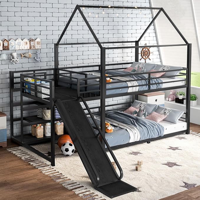 Harper & Bright Designs Floor Bunk Bed Full Over Full with Storage Stairs and Slide, Metal House Bunk Bed with Full Length Guardrails, No Box Spring Required, Noise Free, Space Saving, Black