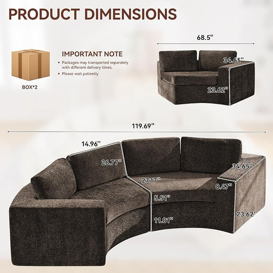 WUTUTUEE 119'' Curved Round Boneless Sofa, Oversized Modular Sectional Sofa with Deep Seat & Arms, Chenille Memory Foam Sofa with Pillows, Upholstered Comfy 4 Seat Couch for Living Room, Brown