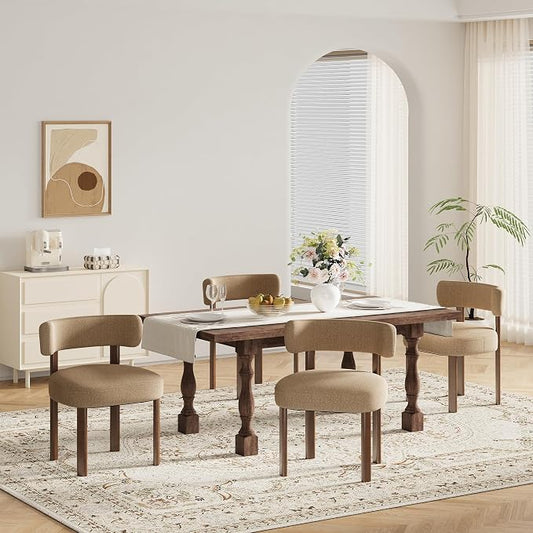 Wooden Dining Chairs Set of 4, Upholstered Kitchen Chairs with Solid Wood Legs, Mid Century Dining Room Chair with Ergonomic Curved Backrest for Kitchen Dining Vanity, Camel