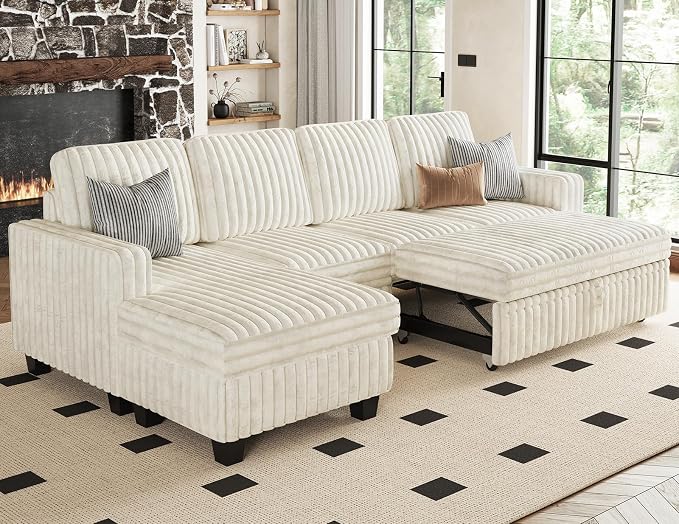 Belffin Modular Sectional Sofa with Storage Chaise Corduroy Sleeper Sofa with Pull Out Bed L Shaped Couch for Living Room. Apartment Couch. Beige