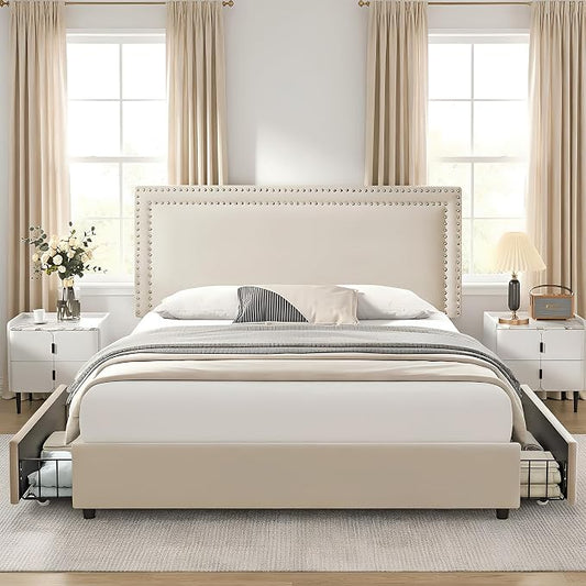 VECELO King Size Upholstered Bed Frame with 4 Storage Drawers, Adjustable Velvet Rivet Decor Headboard, Wooden Slats Platform Support, No Box Spring Needed, Easy Assembly,Beige