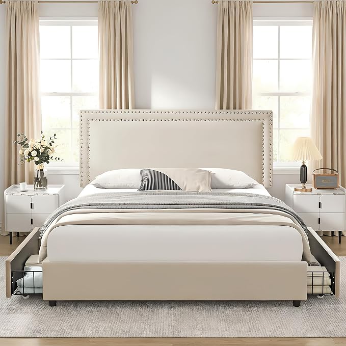 VECELO Full Size Upholstered Bed Frame with 4 Storage Drawers, Adjustable Velvet Rivet Decor Headboard, Wooden Slats Platform Support, No Box Spring Needed, Easy Assembly,Beige