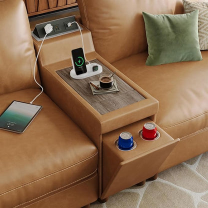 SITJOY Large Cloud Couch, 132" Wide 3 Seater L Shaped with Console, Brown | Pet-Friendly Scratch-Resistant Leather Sectional Sofas for Living Room, Deep Seat Wide Couch with Chaise, Storage Ottoman