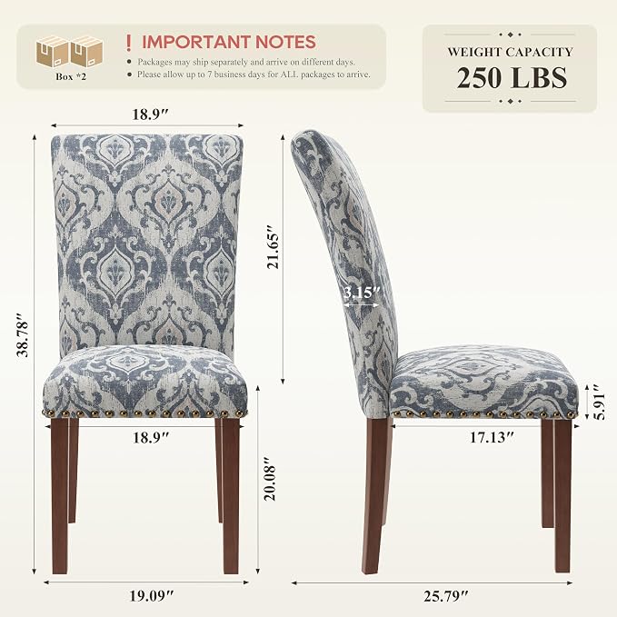 MALOL Dining Chairs Set of 4, High Back Dining Chair with Wood Legs and Nailhead Trim, Modern Padded Kitchen Room Chairs for Dining Room/Restaurant, White/Blue