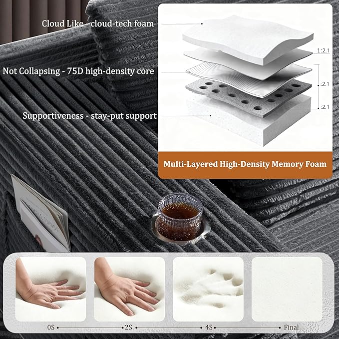 168" Cloud Sectional Couch, Comfort U Shaped Sofa for Living Room, Extra Deep Seats No Assembly, Minimalist Modular Couch, Corduroy (Dark Grey, 7 Seats,U-Shape A)