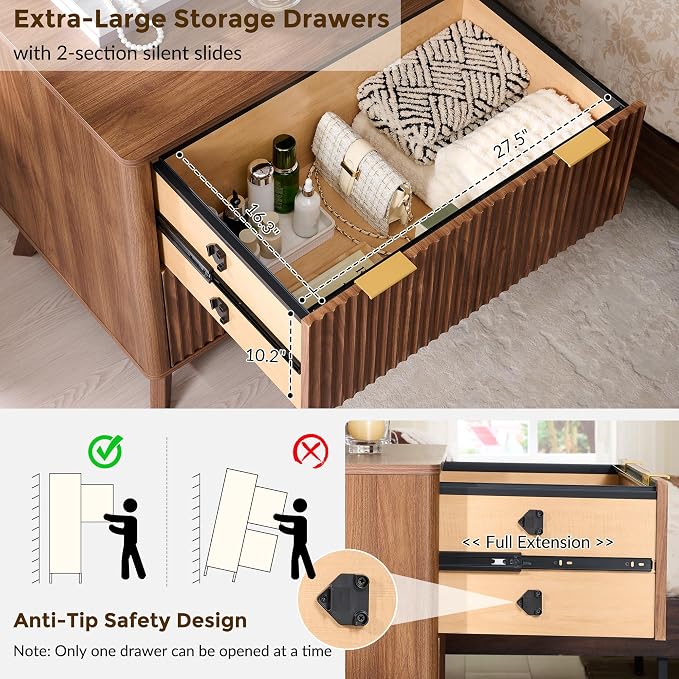 T4TREAM 2 Drawer File Cabinet, 31.8" Fluted Lateral File Cabinet w/Files Hanging Rod for Letter/Legal/A4, Large Tabletop for Printer, Office Wood Printer Cabinets, Light Walnut