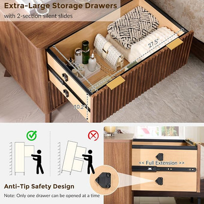 T4TREAM 2 Drawer File Cabinet, 31.8" Fluted Lateral File Cabinet w/Files Hanging Rod for Letter/Legal/A4, Large Tabletop for Printer, Office Wood Printer Cabinets, Light Walnut