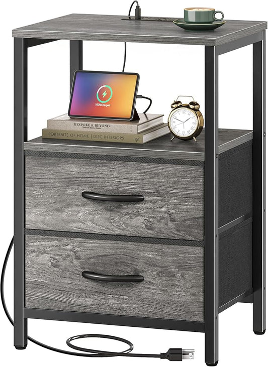 Huuger Nightstand with Charging Station, Fabric Drawers, End Table with Open Shelf, Bedside Table with USB Ports and Outlets, Night Stand for Bedroom, Gray