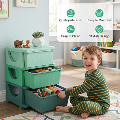 Qaba 3 Drawers Kids Storage Unit, 3 Tier Stackable Toy Organizers and Storage Chest for Bedroom, Nursery, Playroom, Living Room, Boys, Girls, Toddlers, Green