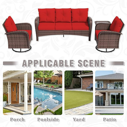 4 Piece Patio Conversation Set - 2 Swivel Chairs 1 Coffee Table 3-Seater Sofa, PE Wicker & Steel Patio Furniture with Heavy-Duty Steel Frame,Weatherproof Cushions, Red