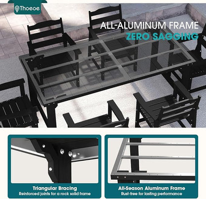 THOEOE 5 Piece Outdoor Dining Set, Patio Dining Table and 4 Chairs, All-Aluminum Frame, All-Weather HDPE Outdoor Furniture with Umbrella Hole for Garden, Lawn, Poolside, Black