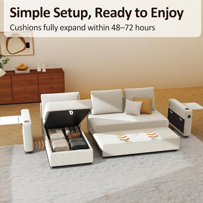 Ball & Cast 80" Sectional Sleeper Sofa Bed Pull Out Couches for Living Room | L Shaped Convertible Pull Out Sofa Bed with Storage Chaise, LED Lights, Foldable Table, USB Ports, Cup Holder and Side Pocket