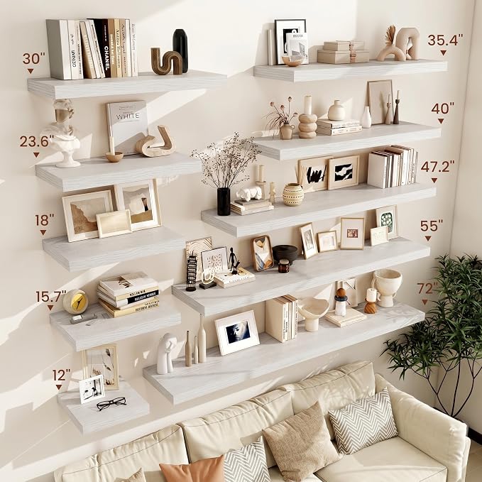 Vivelove 12 Deep Floating Shelves for Wall, 30 Inch Shelves for Room Wall Mounted, 2" Thick Floating Shelf for Living Room Bedroom Bathroom Kitchen Laundry Room, Set of 2 White Birch