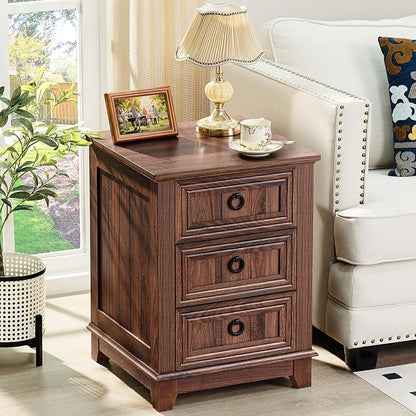 Joaxswe Farmhouse Nightstand Set of 2, 18 Inch End Table with 3 Drawer Metal Handle, Dresser for Bedroom, Sofa Bed Side Table Chest of Drawers,Wood Night Stand Cabinet for Organizer, Living Room-Brown