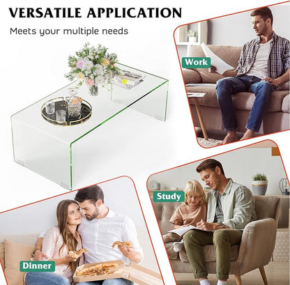 Tangkula Glass Coffee Table, 40"L × 19.5"W ×13.5" H, Modern Home Furniture, 0.5" Clear Tempered Glass End Table, International Occasion Tea Table, Waterfall Table with Rounded Edges (Clear)