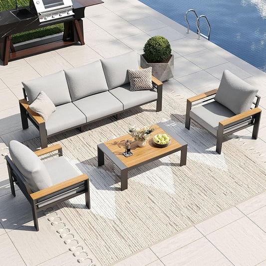 Aoxun Aluminum Outdoor Patio Furniture Set, 5 Seats Outdoor Sectional with Coffee Table, Patio Conversation Sets with Upgraded Armrests and Cushions for Backyard, Garden and Poolside（Grey）