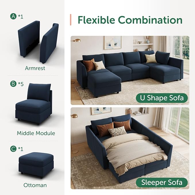 HONBAY Modular Sectional Sleeper Sofa Velvet Sectional Sleeper Couch with Storage Sleeper Sofa Couch for Living Room,Dark Blue