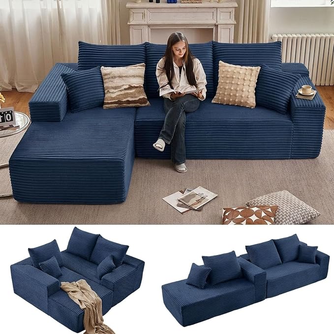 Sectional Couches for Living Room Cloud Couch Sofa with L-Shape Couch in a Box Upholstered Boneless Couchs Modern Modular Sectional Couch with Chaise (Blue,B-3 Seater-Left-Facing Chaise-96 inch)