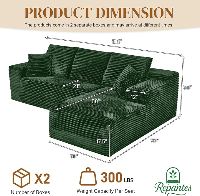 108" L Shaped Boneless Sectional Couches for Living Room, Comfy Corduroy Floor Cloud Sofa with Chaise, Wide Armrest, Deep Seat, Memory Foam, Assembly Free, Ideal for Small Spaces, Green