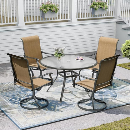 Outdoor Patio Set, 40"x 40"x 28" Round Glass Dining Table and 4pcs Swivel Chairs, All-Weather Patio Furniture Set with 1.7" Umbrella Hole for Garden Backyard Lawn Poolside