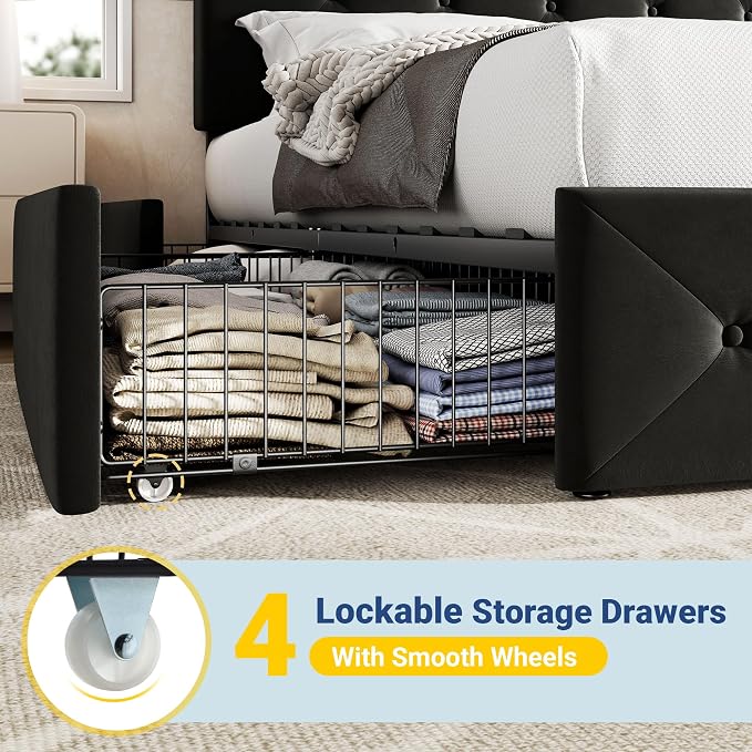 Allewie Upholstered Queen Size Platform Bed Frame with 4 Storage Drawers and Adjustable Headboard, Diamond Button Tufted, Wooden Slats Support, Noise-Free, No Box Spring Needed, Easy Assembly, Black