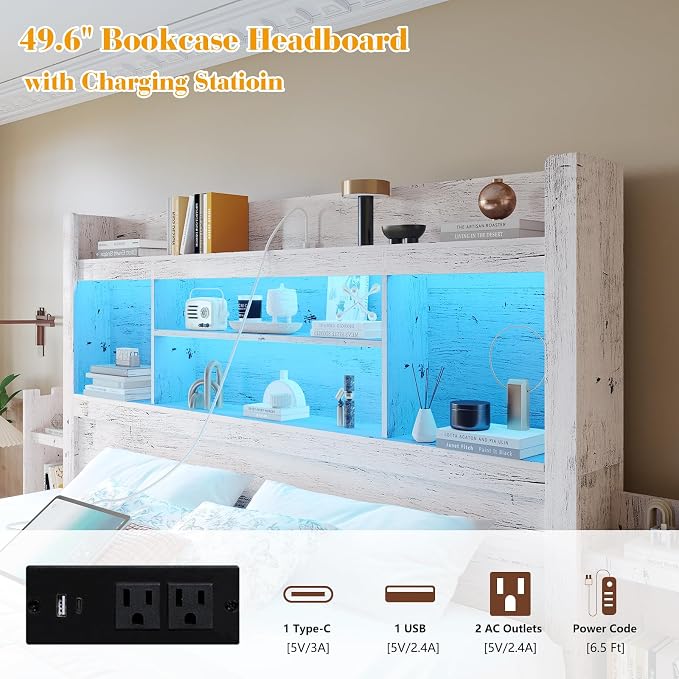 LUXOAK Queen Bed Frame with 49.6" Bookcase Headboard & 4 Drawers & 2 Detachable Bedside Stoage Racks, Farmhouse Wood Bed Frame with RGB LED & Charging Station, No Box Spring Needed, Distressed White
