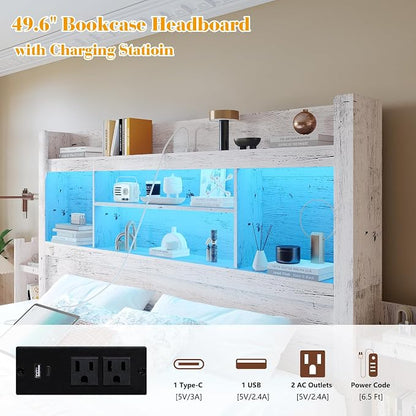 LUXOAK Queen Bed Frame with 49.6" Bookcase Headboard & 4 Drawers & 2 Detachable Bedside Stoage Racks, Farmhouse Wood Bed Frame with RGB LED & Charging Station, No Box Spring Needed, Distressed White