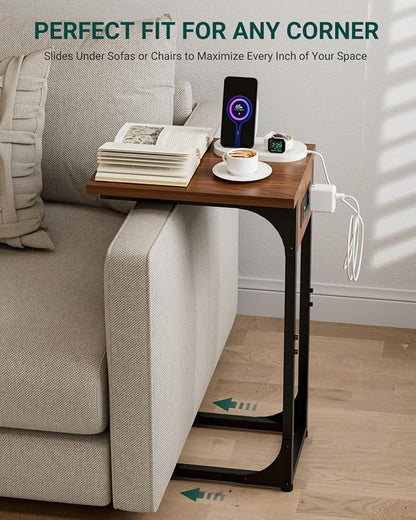C-Shaped Side Table for Couch - Small Coffee Stand Sofa Tray Desk with Metal Frame Waterproof Scratch Resistant Wood Top and Built-in Charging Station, Rustic Walnut
