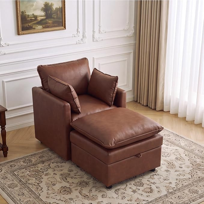 30" Brown Faux Leather Storage Sofa Chair, Single Accent Chair with Ottoman | Modern Upholstered Deep Seat Sofa Chair, Comfort for Reading, Lounging, and Small spaces, Armchair for Living Room, Bedroom