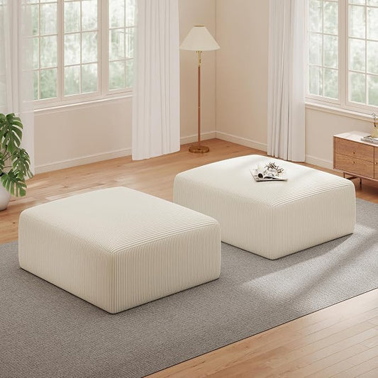 40" Oversized Large Square Corduroy Ottoman Pouf - Poofy Plush Foot Rest with Foam Chunk Filling, Movable Floor Pouf Footstool & Ottoman Coffee Table for Living Room Couch Bedroom, Beige (2 Pieces)
