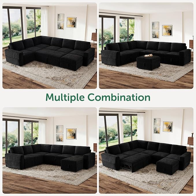 HONBAY Modular Sectional Sleeper Sofa with Pull Out Bed,Corduroy U Shaped Couch with Storage, Sectional Couches for Living Room,Black