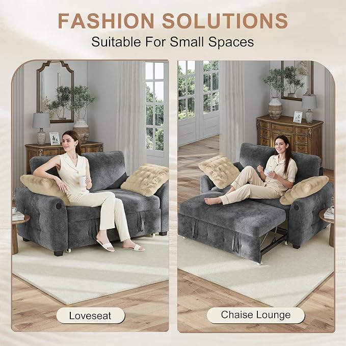 Hanherry 59" Loveseat Couch with Pull Out Sofa Bed, Chenille 2-in-1 Convertible 2 Seater Sleeper Sofa with USB Charging,Comfy Love Seat for Small Spaces Living Room Apartment