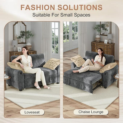 Hanherry 59" Loveseat Couch with Pull Out Sofa Bed, Chenille 2-in-1 Convertible 2 Seater Sleeper Sofa with USB Charging,Comfy Love Seat for Small Spaces Living Room Apartment