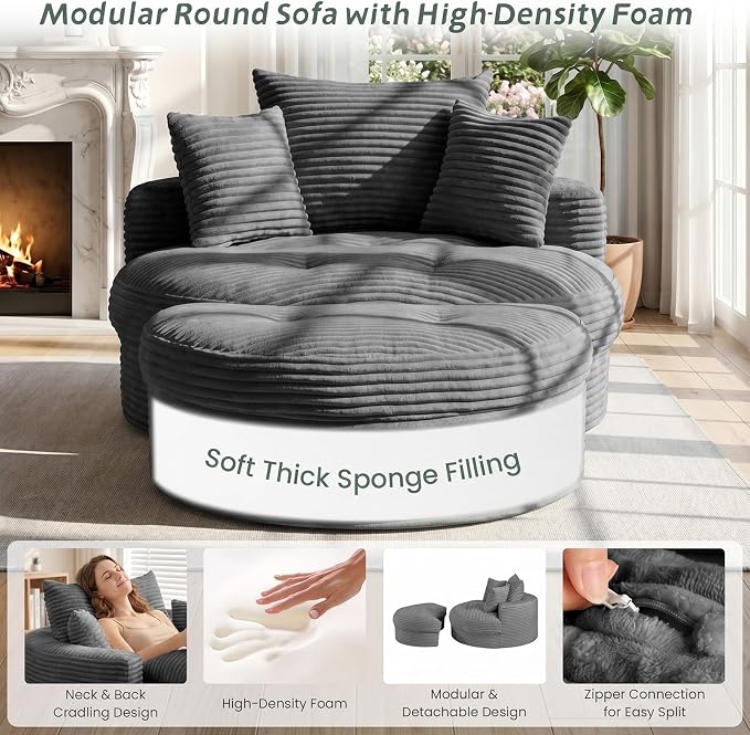 Oversized Round Chaise Lounge Chair, Deep Seat Cloud Boneless Floor Sofa Couch, Upholstered Corduroy Sleeper with 3 Pillows & Optional Ottoman, No Assembly Modern Lazy Floor Lounger for Living Room