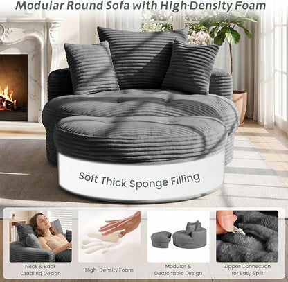 Oversized Round Chaise Lounge Chair, Deep Seat Cloud Boneless Floor Sofa Couch, Upholstered Corduroy Sleeper with 3 Pillows & Optional Ottoman, No Assembly Modern Lazy Floor Lounger for Living Room